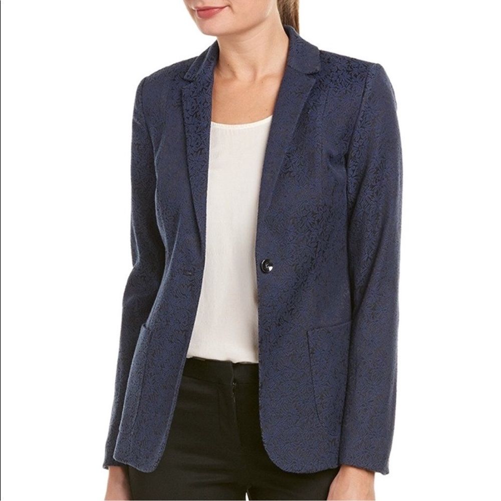 T Tahari Women’s Navy Tapestry Floral Blue Black Blazer Suit Jacket Size 8 Euc
